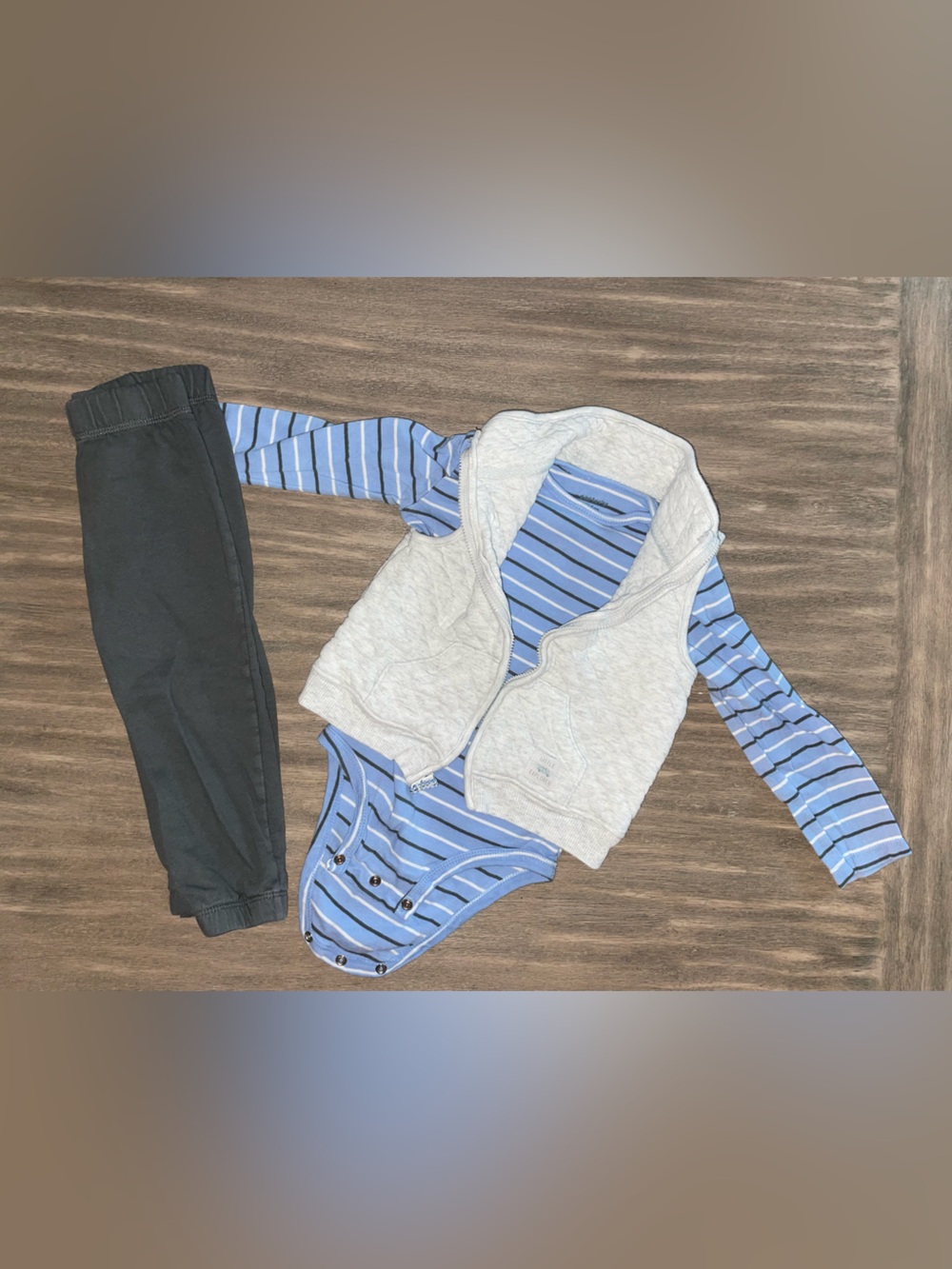 3-Piece Outfit Set – Blue Striped Bodysuit, Gray Zip Vest & Charcoal Pants - Picture 1 of 4